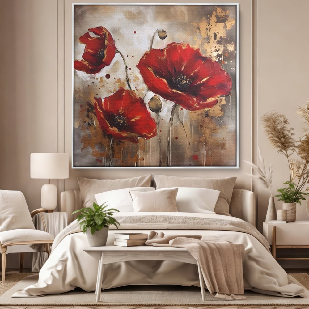 Tablou canvas cu pictura decorativa cu maci rosii, in rama de aluminiu argintiu, pe perete intr-un dormitor