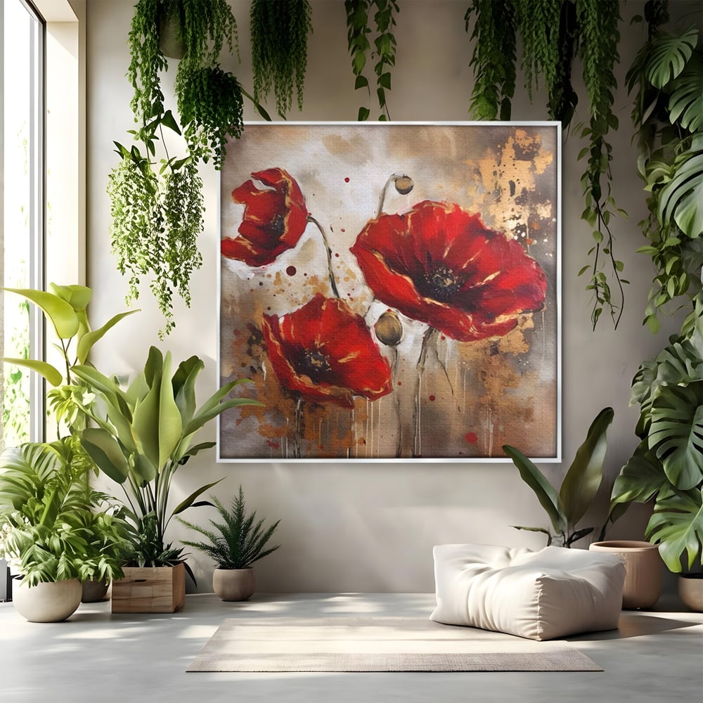 Tablou canvas cu pictura decorativa cu maci rosii, in rama de aluminiu argintiu