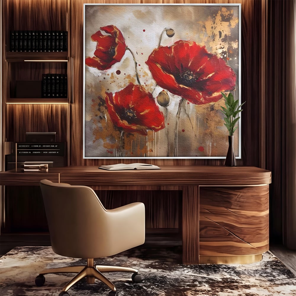 Tablou canvas cu pictura decorativa cu maci rosii, in rama de aluminiu argintiu, pe perete intr-un birou