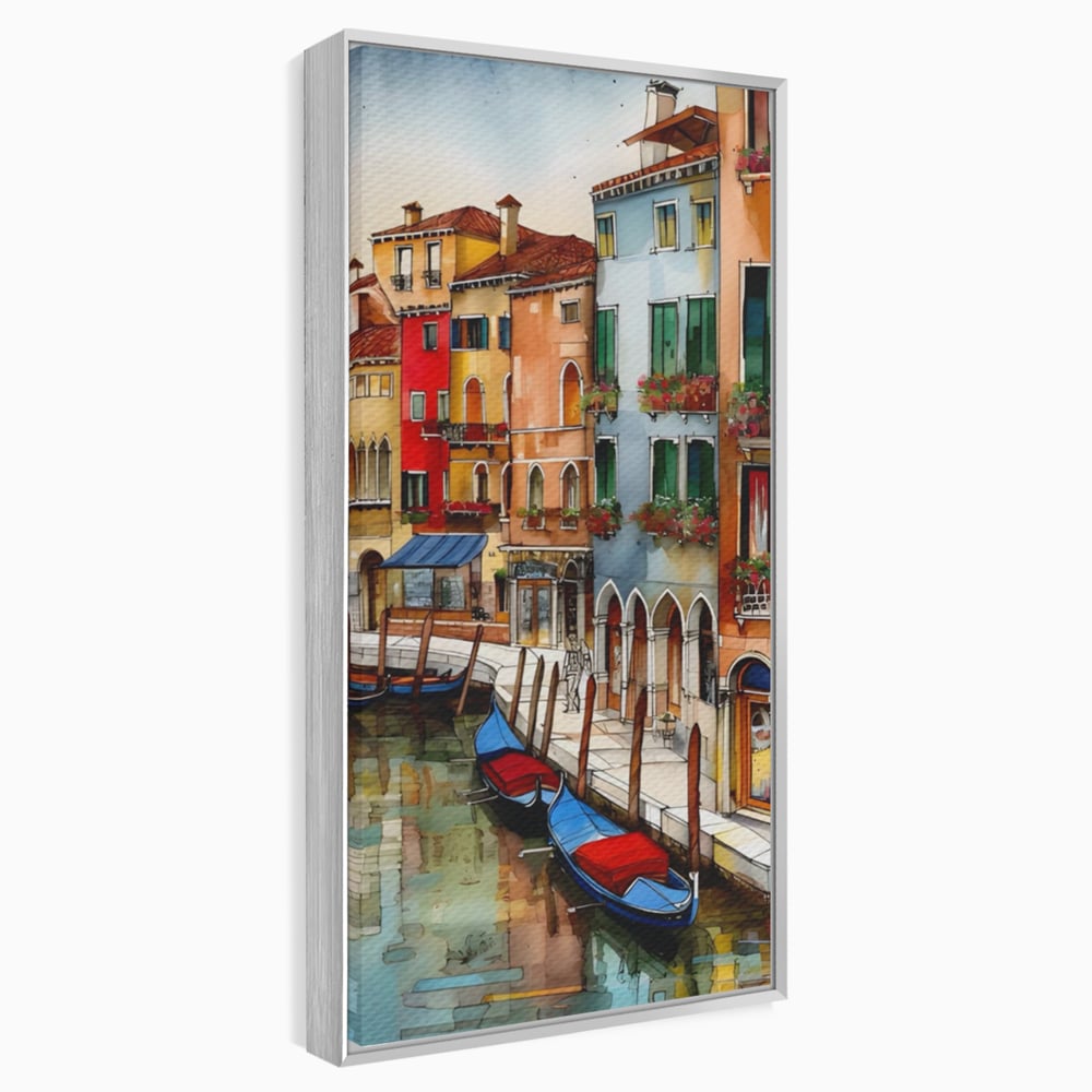 Tablou canvas cu pictura cu canal din venetia si gondole, in rama de aluminiu argintiu