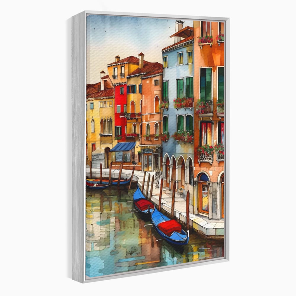 Tablou canvas cu pictura cu canal din venetia si gondole, in rama de aluminiu argintiu