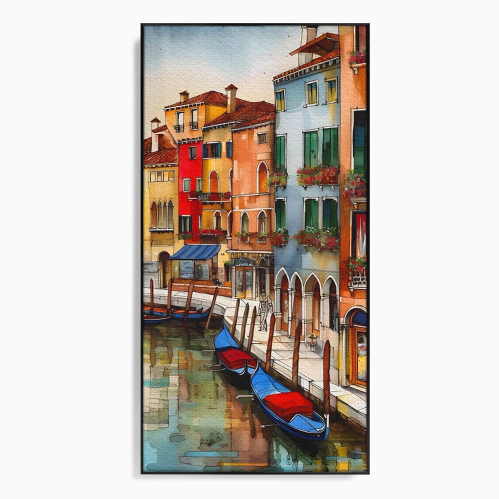 Tablou canvas cu pictura cu canal din venetia si gondole, in rama de aluminiu negru