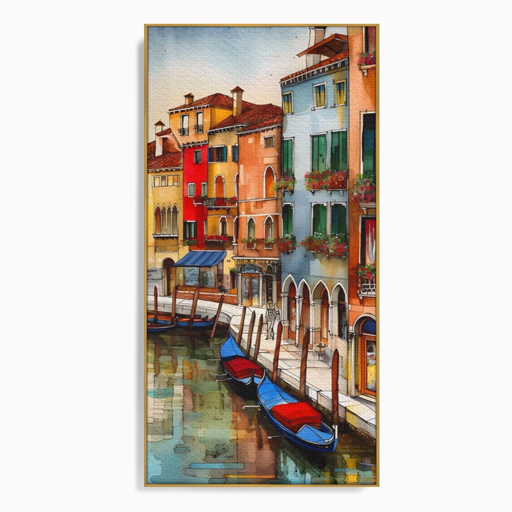 Tablou canvas cu pictura cu canal din venetia si gondole, in rama de aluminiu auriu