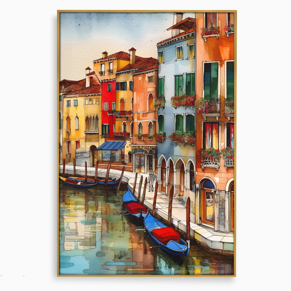 Tablou canvas cu pictura cu canal din venetia si gondole, in rama de aluminiu auriu