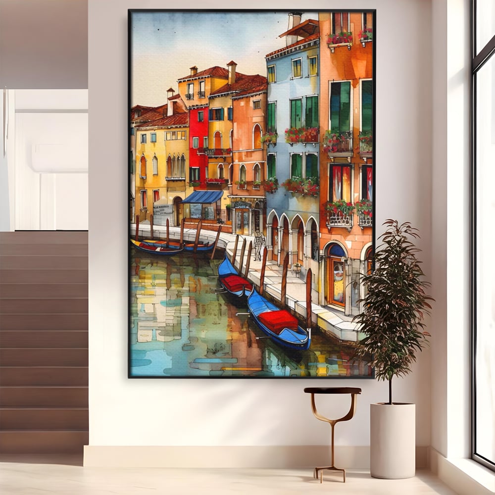 Tablou canvas cu pictura cu canal din venetia si gondole, in rama de aluminiu negru
