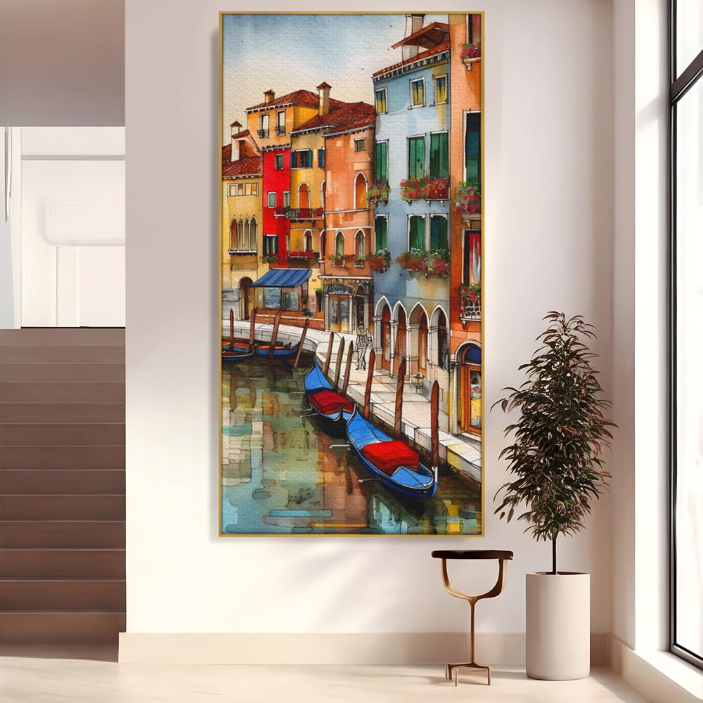Tablou canvas cu pictura cu canal din venetia si gondole, in rama de aluminiu auriu
