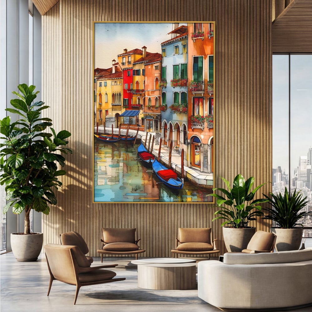 Tablou canvas cu pictura cu canal din venetia si gondole, in rama de aluminiu auriu, pe perete intr-un birou