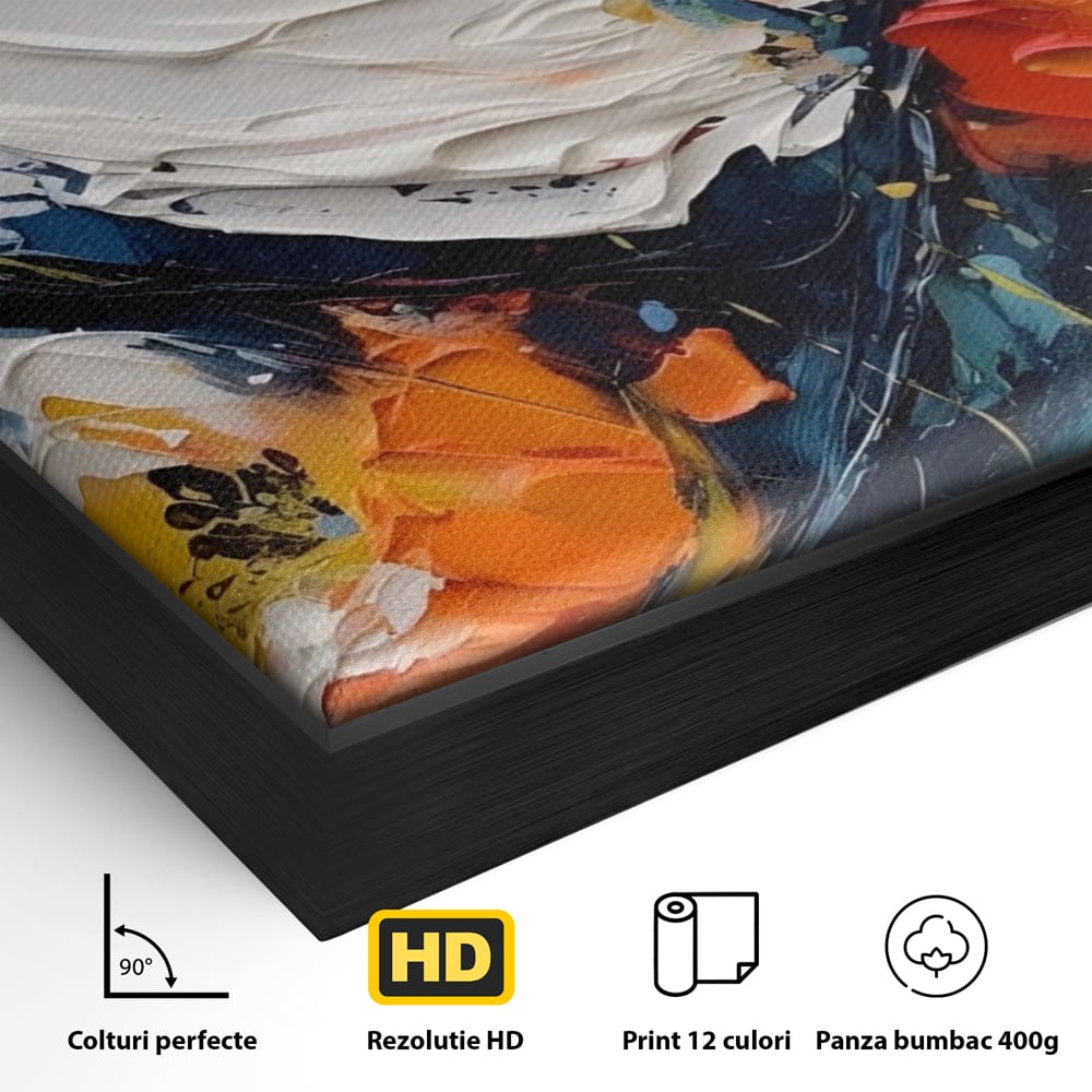 Detaliu al suprafetei: pictura abstracta cu flori texturate, in rama de aluminiu negru