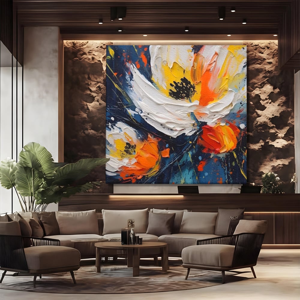 Tablou canvas cu pictura abstracta cu flori texturate, fara rama, pe sasiu de lemn, pe perete intr-un birou