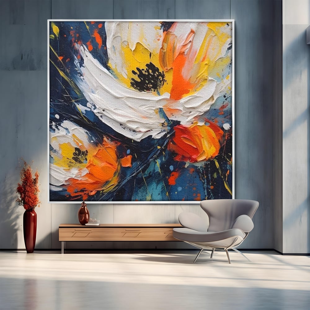 Tablou canvas cu pictura abstracta cu flori texturate, in rama de aluminiu argintiu