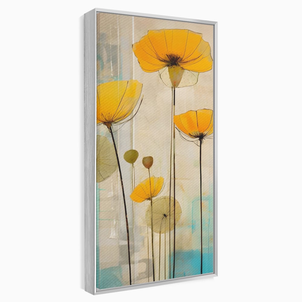 Tablou canvas cu pictura verticala cu flori galbene, in rama de aluminiu argintiu