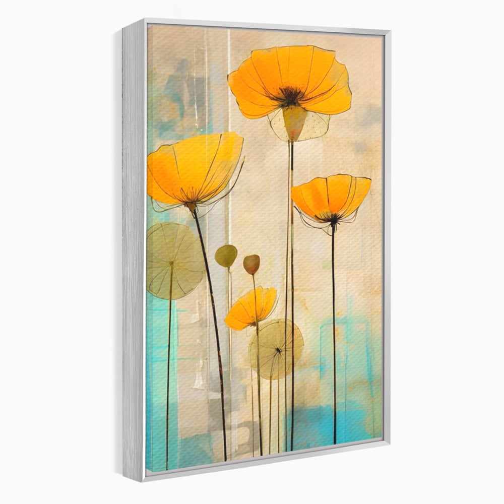 Tablou canvas cu pictura verticala cu flori galbene, in rama de aluminiu argintiu