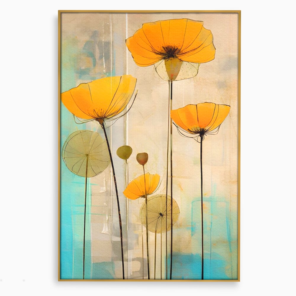 Tablou canvas cu pictura verticala cu flori galbene, in rama de aluminiu auriu