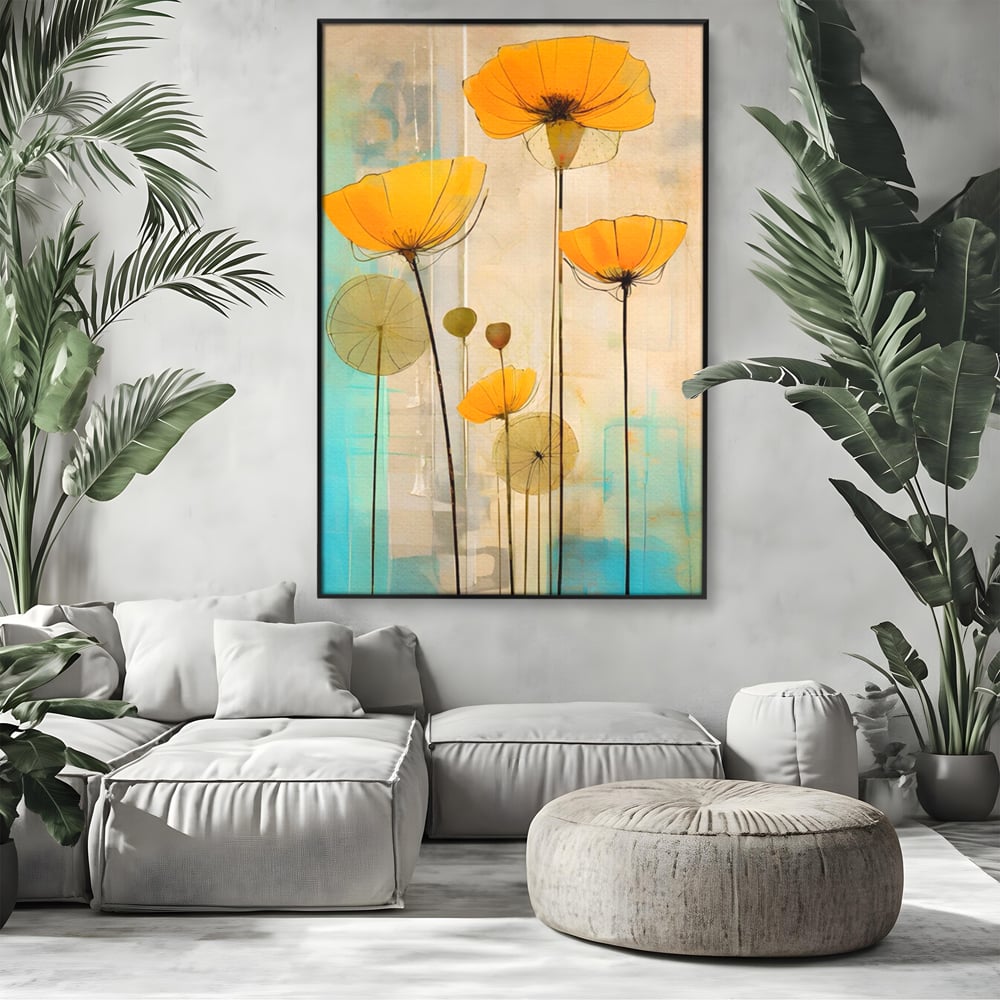 Tablou canvas cu pictura verticala cu flori galbene, in rama de aluminiu negru, pe perete intr-un living