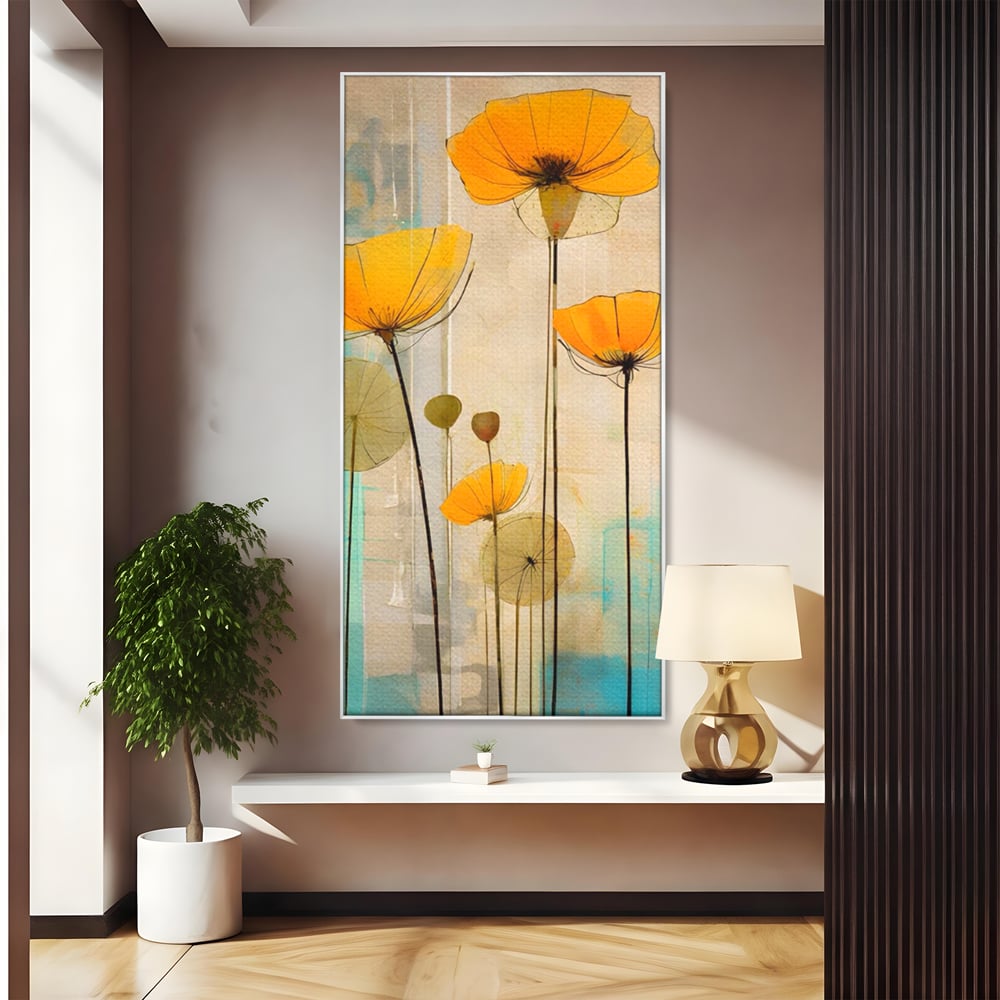 Tablou canvas cu pictura verticala cu flori galbene, in rama de aluminiu argintiu