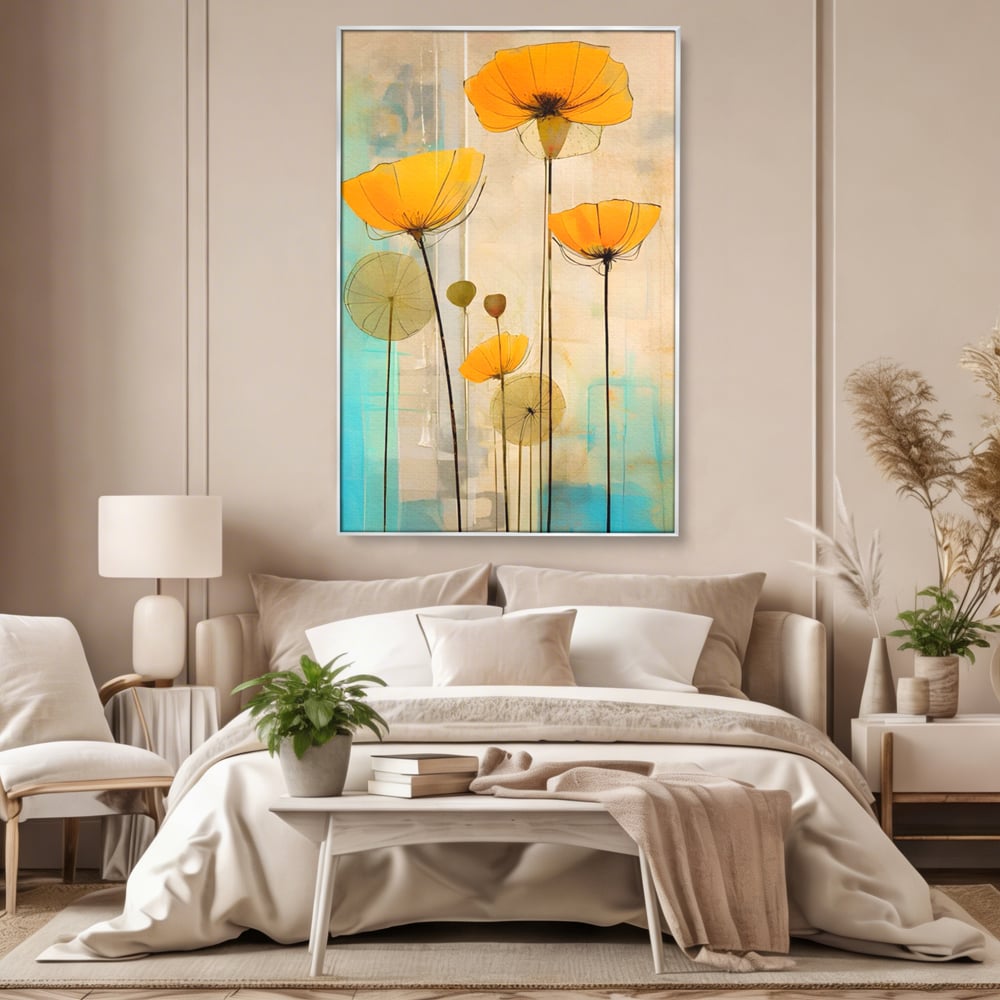 Tablou canvas cu pictura verticala cu flori galbene, in rama de aluminiu argintiu, pe perete intr-un dormitor