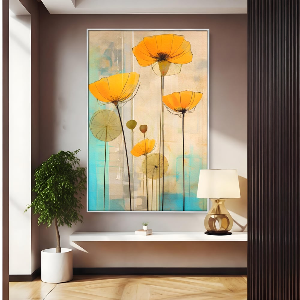Tablou canvas cu pictura verticala cu flori galbene, in rama de aluminiu argintiu