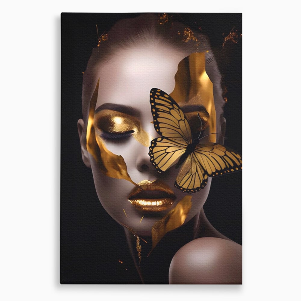 Tablou canvas cu tablou canvas cu portret de femeie si fluture auriu, fara rama, pe sasiu de lemn