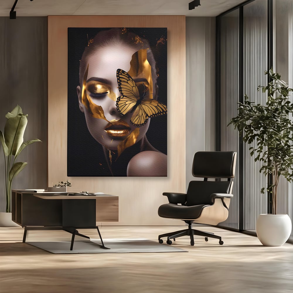 Tablou canvas cu tablou canvas cu portret de femeie si fluture auriu, fara rama, pe sasiu de lemn, pe perete intr-un birou