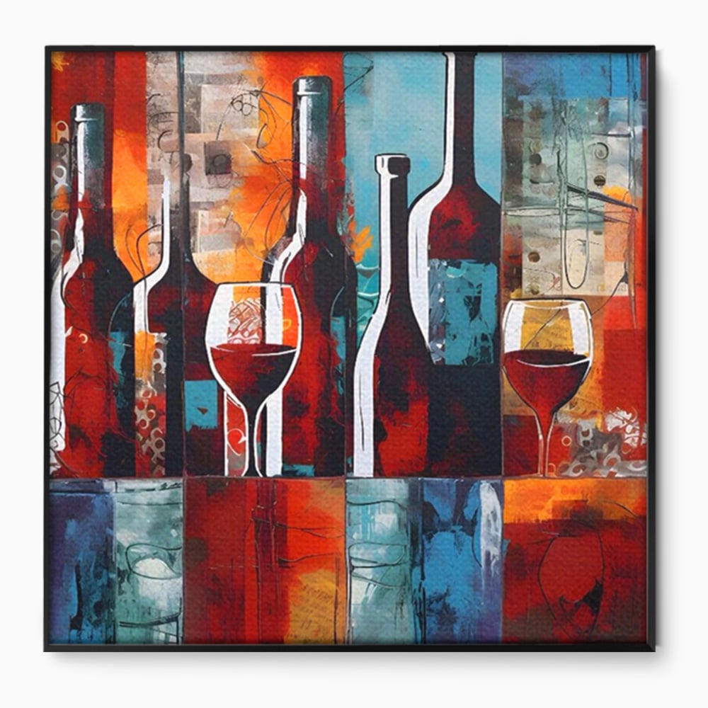 Tablou canvas cu pictura abstracta cu sticle si pahare de vin, in rama de aluminiu negru