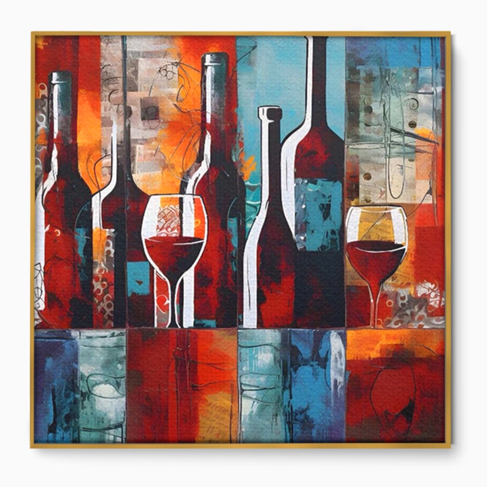 Tablou canvas cu pictura abstracta cu sticle si pahare de vin, in rama de aluminiu auriu