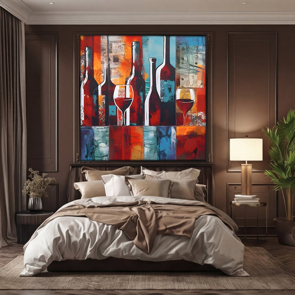 Tablou canvas cu pictura abstracta cu sticle si pahare de vin, in rama de aluminiu negru, pe perete intr-un dormitor