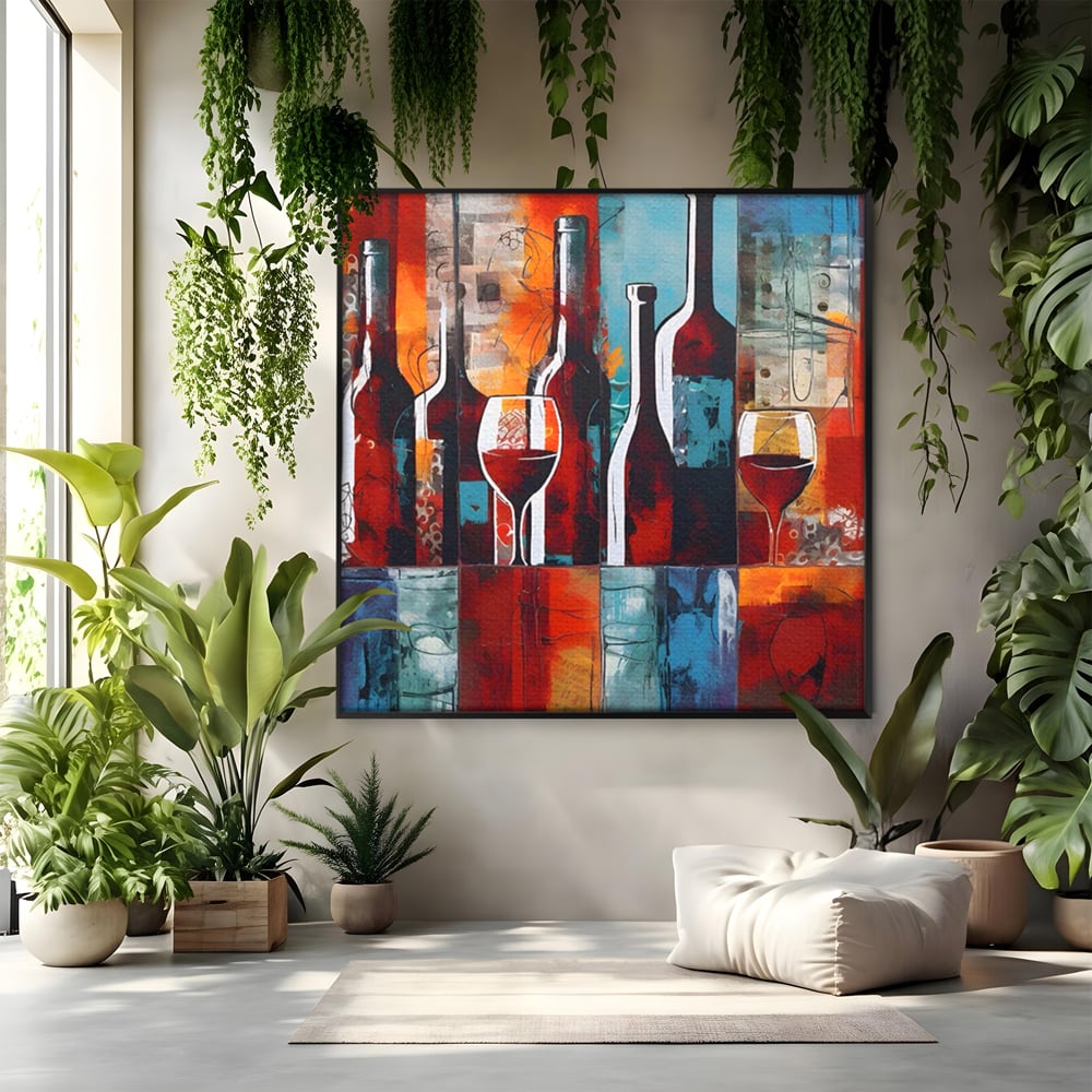 Tablou canvas cu pictura abstracta cu sticle si pahare de vin, in rama de aluminiu negru