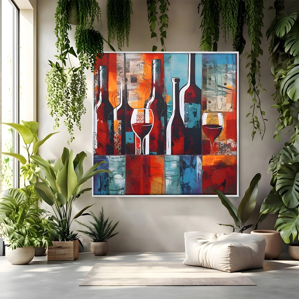 Tablou canvas cu pictura abstracta cu sticle si pahare de vin, in rama de aluminiu argintiu