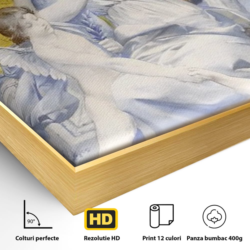 Detaliu al suprafetei: tablou canvas cu mama ingeri si copac, in rama de aluminiu auriu