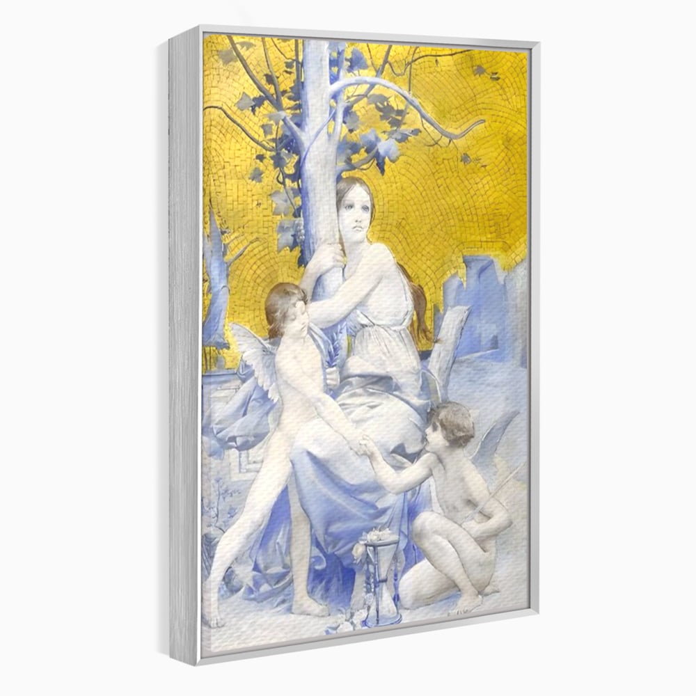 Tablou canvas cu tablou canvas cu mama ingeri si copac, in rama de aluminiu argintiu
