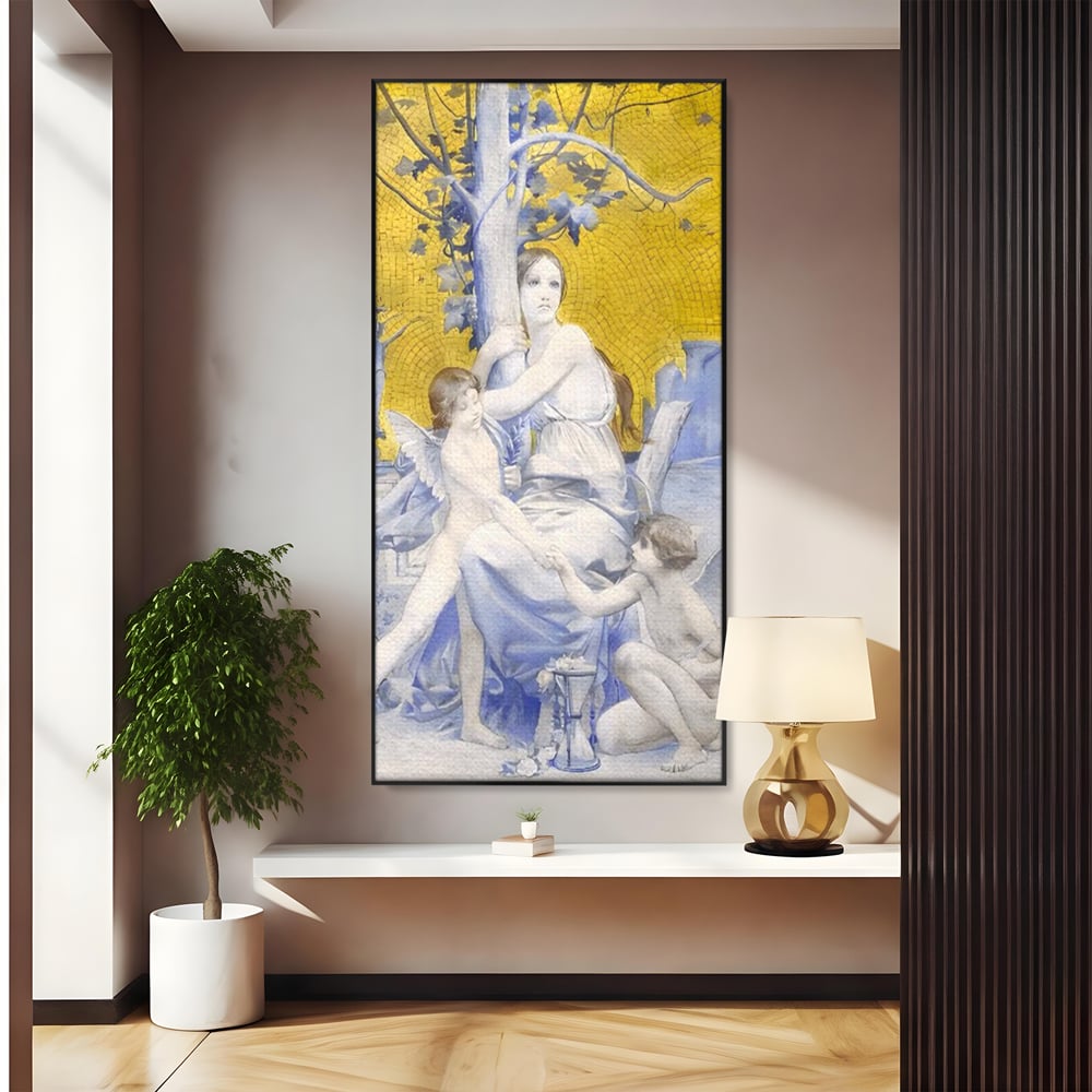 Tablou canvas cu tablou canvas cu mama ingeri si copac, in rama de aluminiu negru