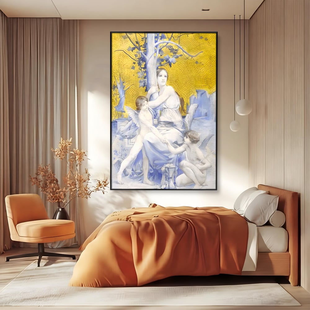 Tablou canvas cu tablou canvas cu mama ingeri si copac, in rama de aluminiu negru, pe perete intr-un dormitor