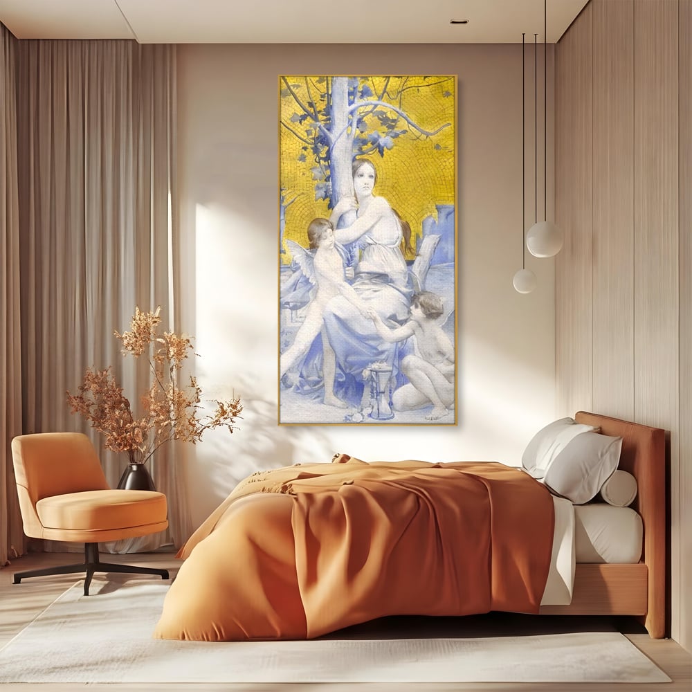 Tablou canvas cu tablou canvas cu mama ingeri si copac, in rama de aluminiu auriu, pe perete intr-un dormitor