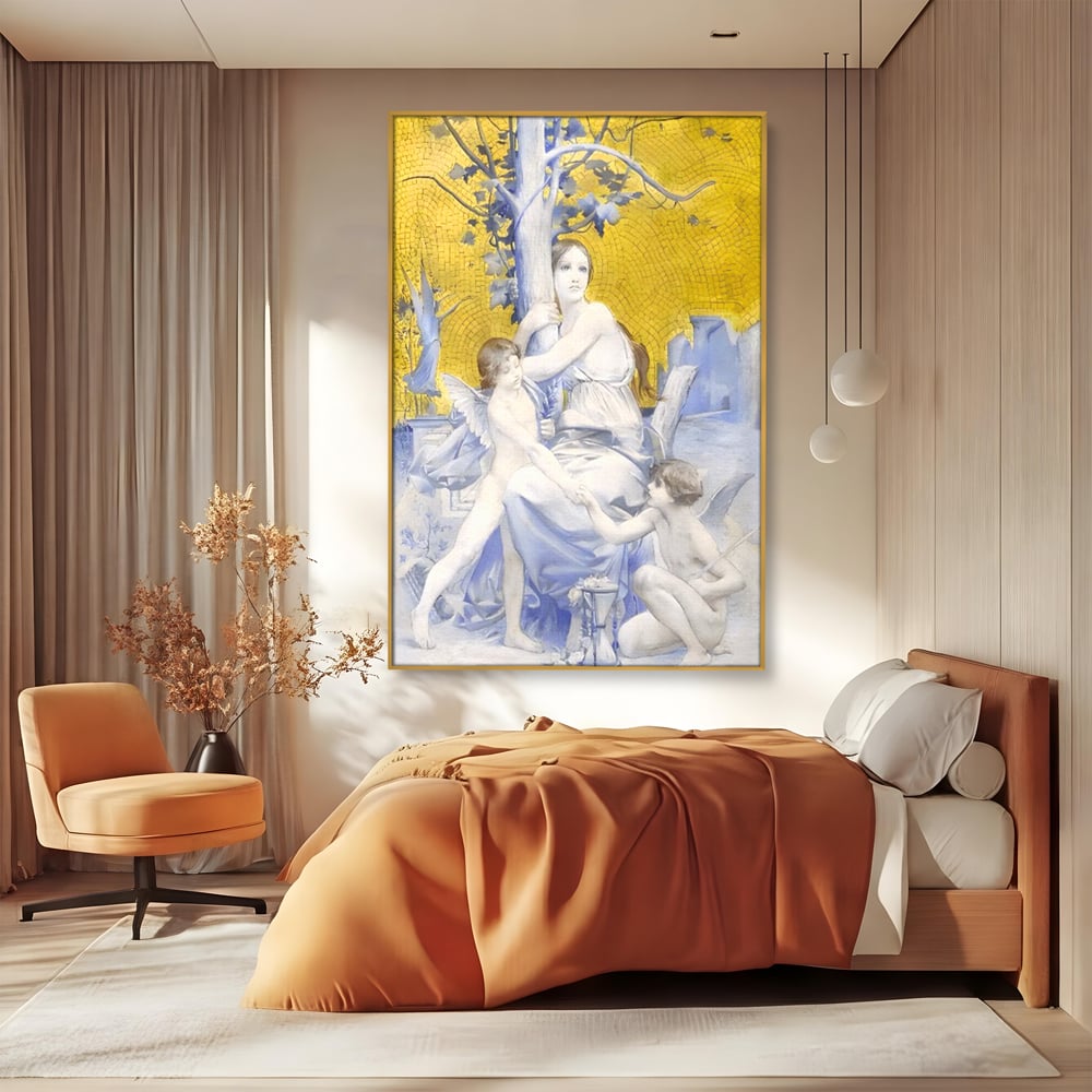Tablou canvas cu tablou canvas cu mama ingeri si copac, in rama de aluminiu auriu, pe perete intr-un dormitor