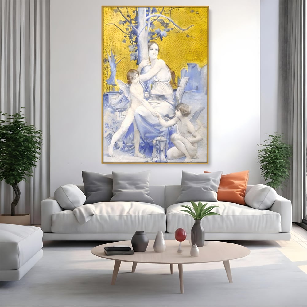 Tablou canvas cu tablou canvas cu mama ingeri si copac, in rama de aluminiu auriu, pe perete intr-un living