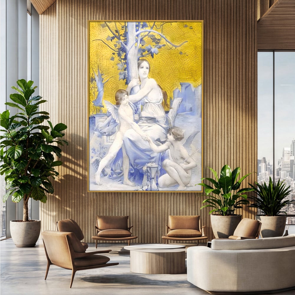 Tablou canvas cu tablou canvas cu mama ingeri si copac, in rama de aluminiu auriu, pe perete intr-un birou