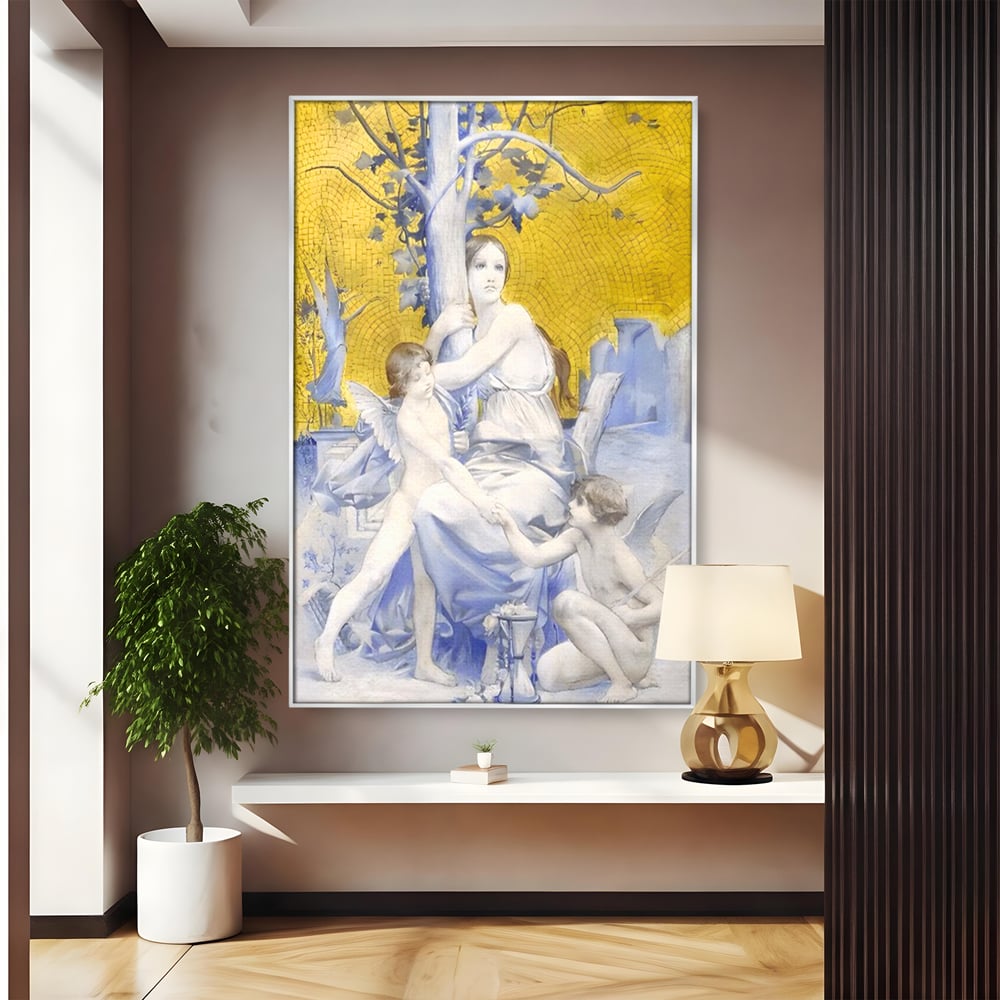 Tablou canvas cu tablou canvas cu mama ingeri si copac, in rama de aluminiu argintiu