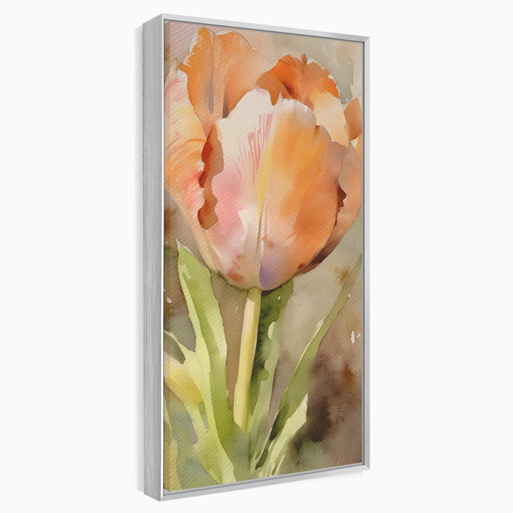 Tablou canvas cu pictura cu o lalea portocalie, in rama de aluminiu argintiu