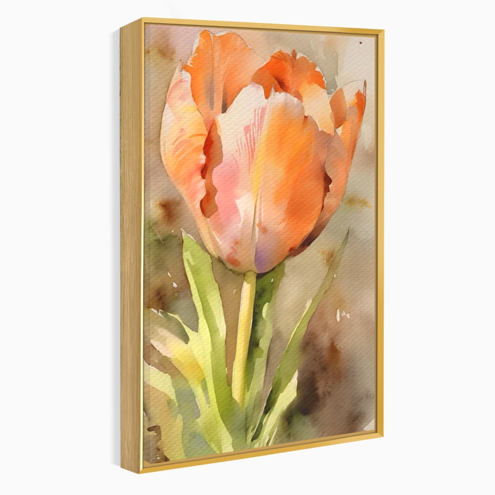 Tablou canvas cu pictura cu o lalea portocalie, in rama de aluminiu auriu