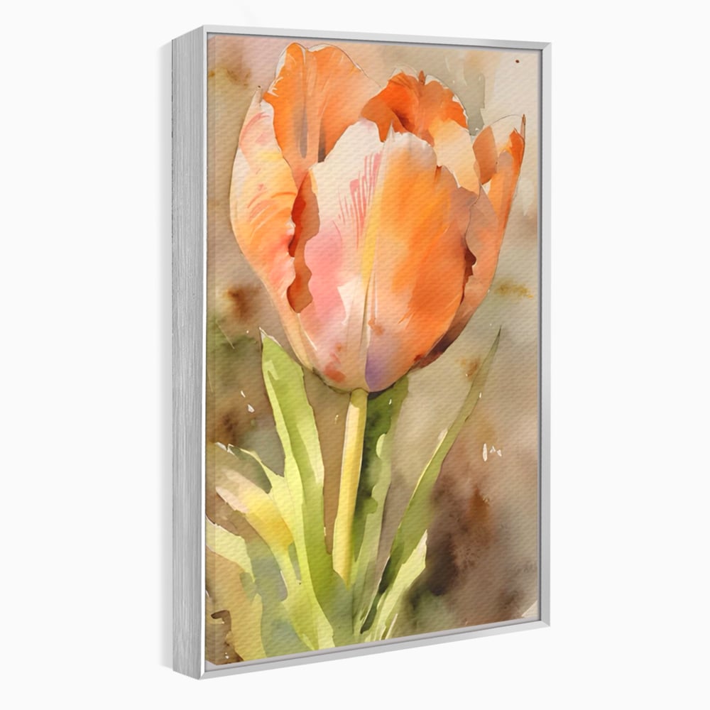 Tablou canvas cu pictura cu o lalea portocalie, in rama de aluminiu argintiu