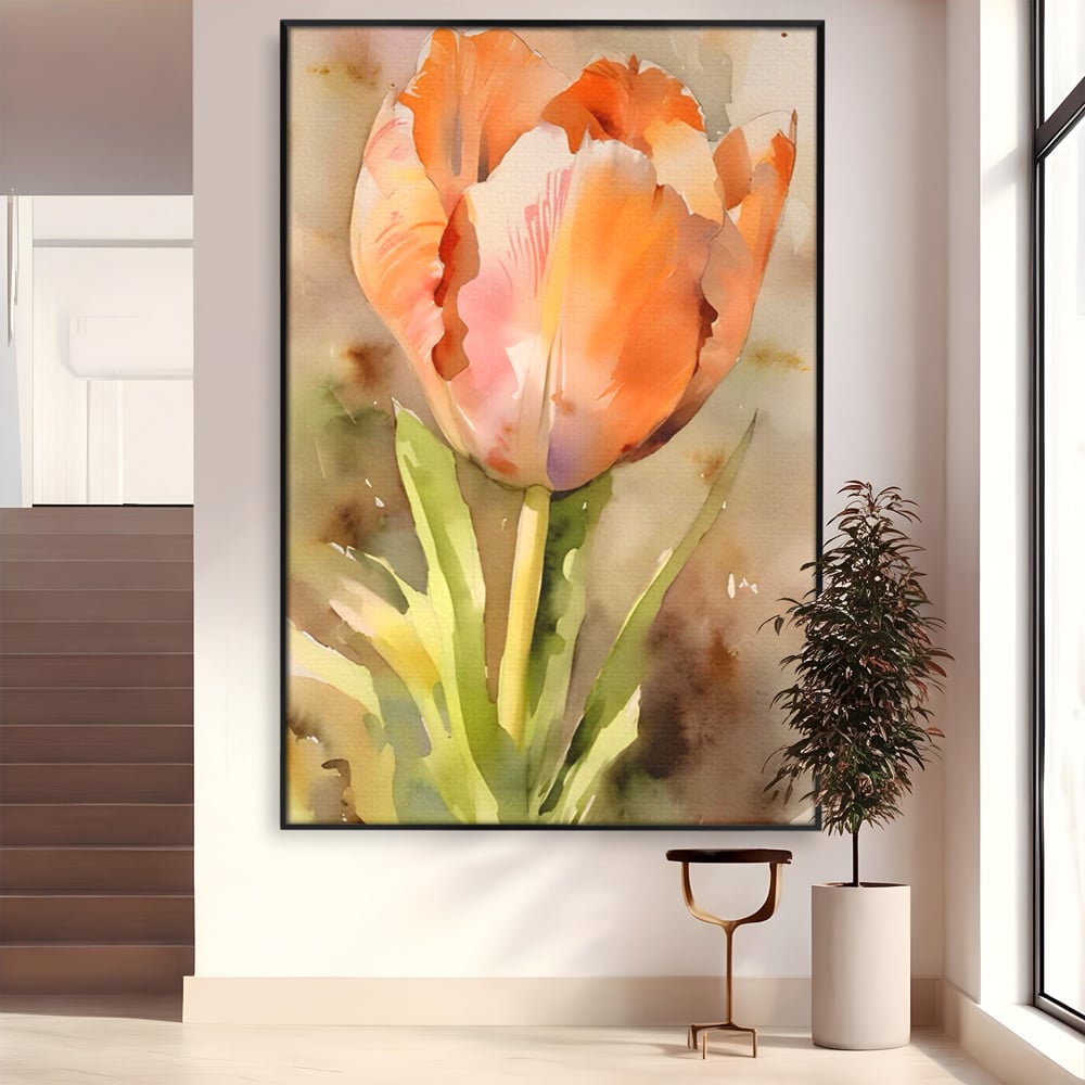Tablou canvas cu pictura cu o lalea portocalie, in rama de aluminiu negru