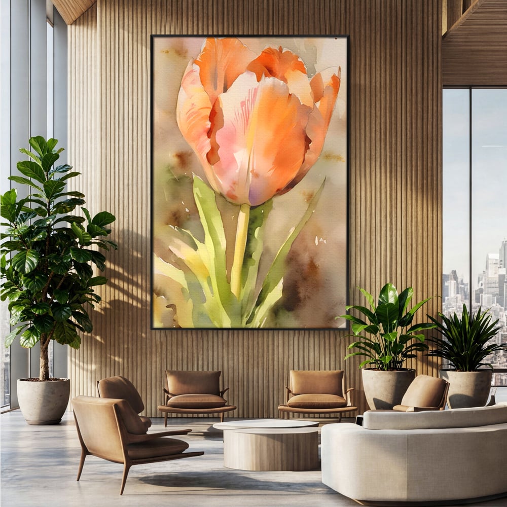 Tablou canvas cu pictura cu o lalea portocalie, in rama de aluminiu negru, pe perete intr-un birou