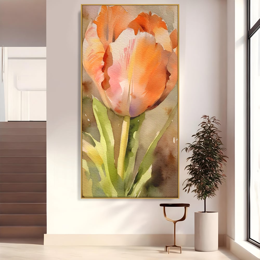Tablou canvas cu pictura cu o lalea portocalie, in rama de aluminiu auriu