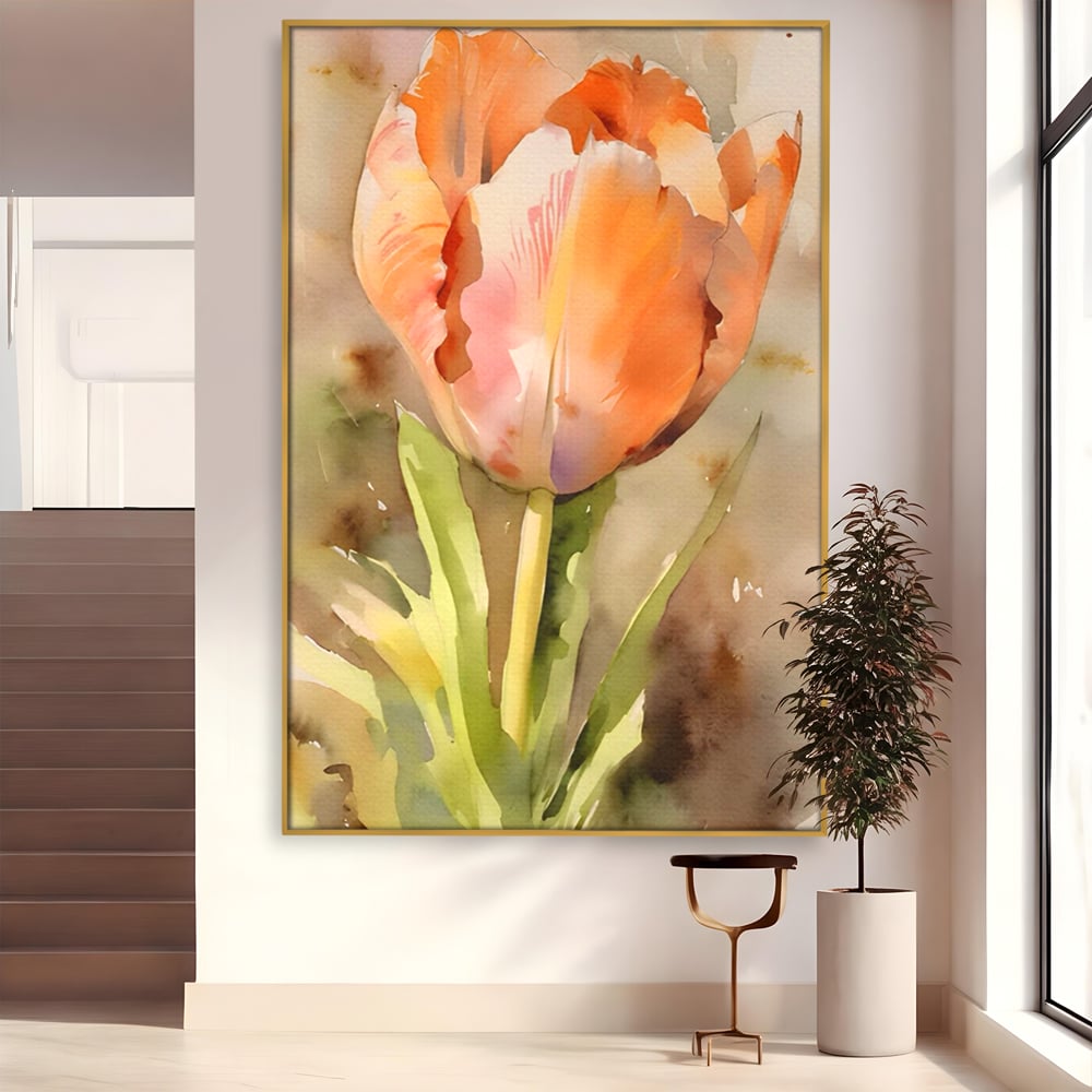 Tablou canvas cu pictura cu o lalea portocalie, in rama de aluminiu auriu