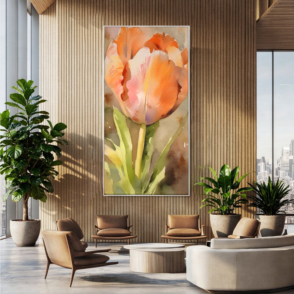 Tablou canvas cu pictura cu o lalea portocalie, in rama de aluminiu argintiu, pe perete intr-un birou