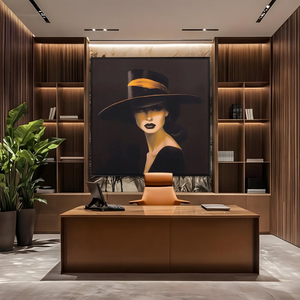 Tablou canvas cu tablou canvas cu femeie misterioasa, in rama de aluminiu negru, pe perete intr-un birou