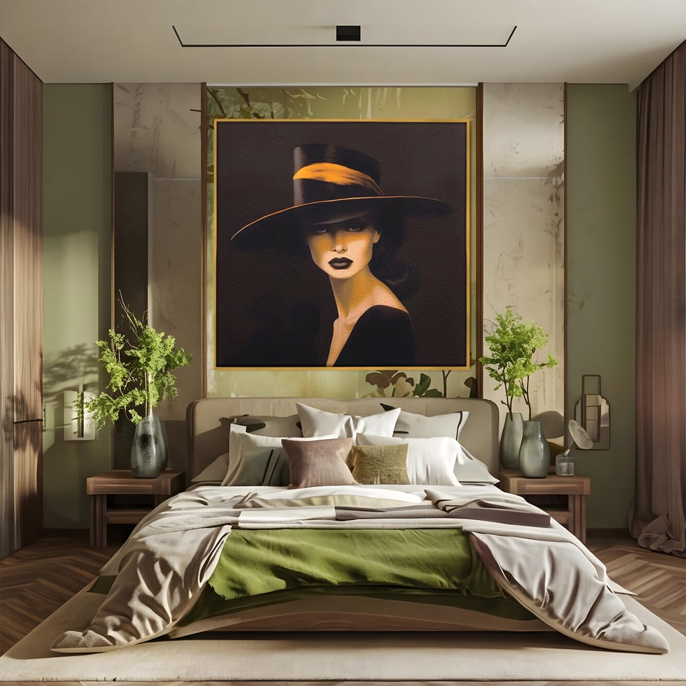 Tablou canvas cu tablou canvas cu femeie misterioasa, in rama de aluminiu auriu, pe perete intr-un dormitor