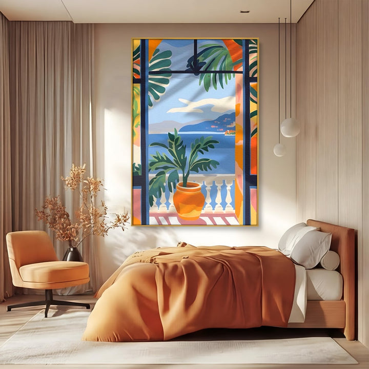 Tablou canvas cu ilustratie cu priveliste de vara prin fereastra, in rama de aluminiu auriu, pe perete intr-un dormitor