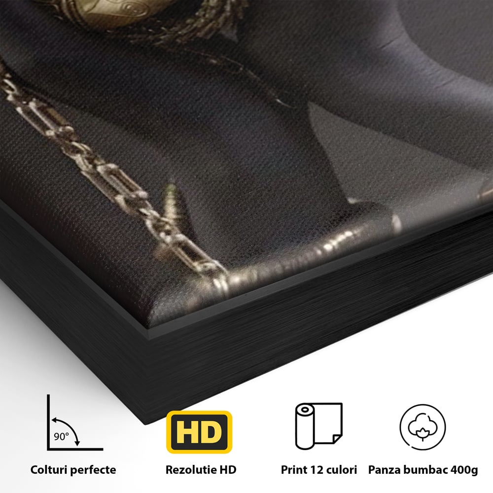 Detaliu al suprafetei: tablou canvas cu maini negre si bijuterii aurii, in rama de aluminiu negru