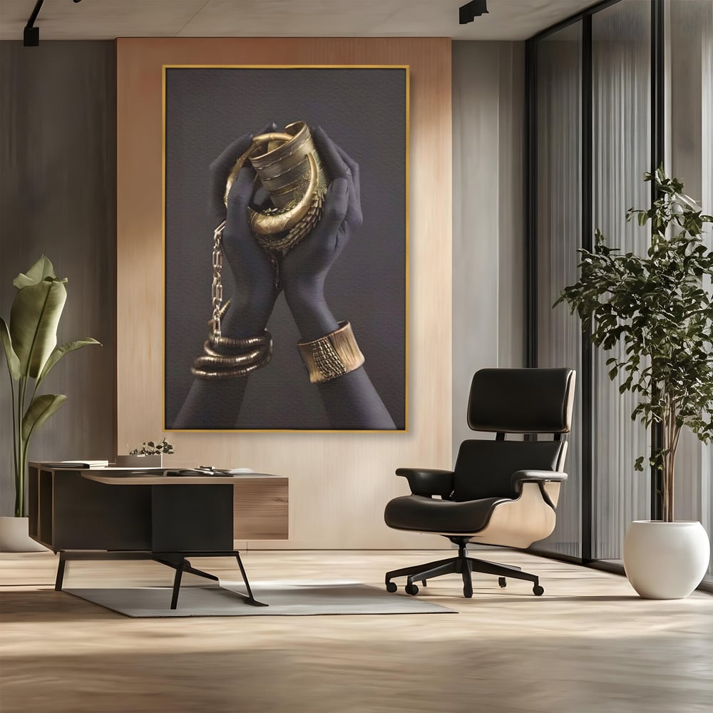 Tablou canvas cu tablou canvas cu maini negre si bijuterii aurii, in rama de aluminiu auriu, pe perete intr-un birou
